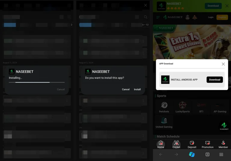 نصیبیٹ کیسینو کی ایپ انسٹال کرتے وقت موبائل اسکرین پر مختلف مراحل دکھائے گئے ہیں، جہاں صارف ایپ کو ڈاؤن لوڈ اور انسٹال کرنے کا عمل مکمل کر رہا ہے۔